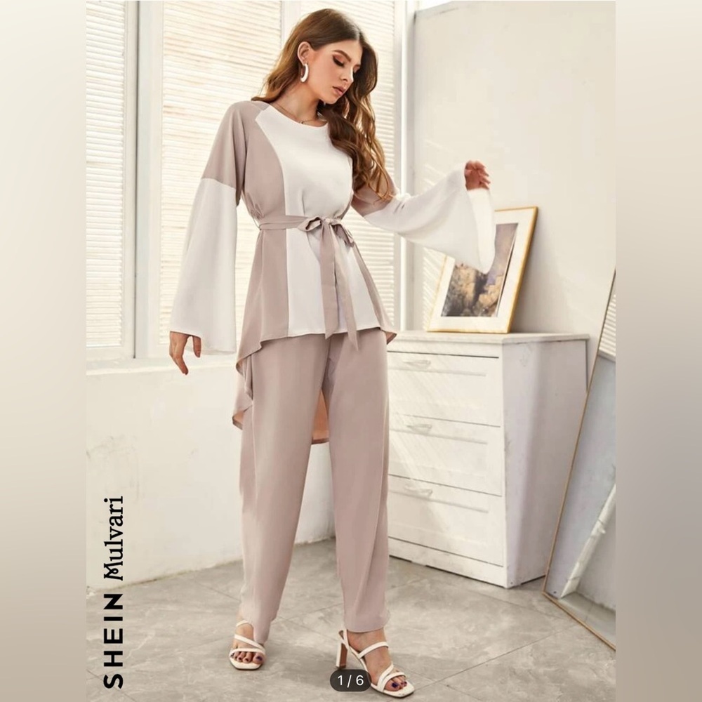 SHEIN Mulvari Colorblock Trumpet Sleeve Blouse
& Belted Pants